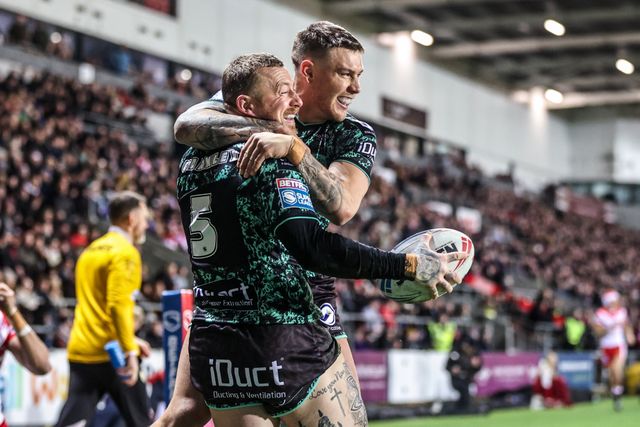 Josh Charnley of Leigh Leopards celebrates his try during the Betfred Super League match St Helens vs Leigh Leopards at The BrewDog Stadium, St Helens, United Kingdom on 20 February 2026

(Photo by Alfie Cosgrove/News Images)