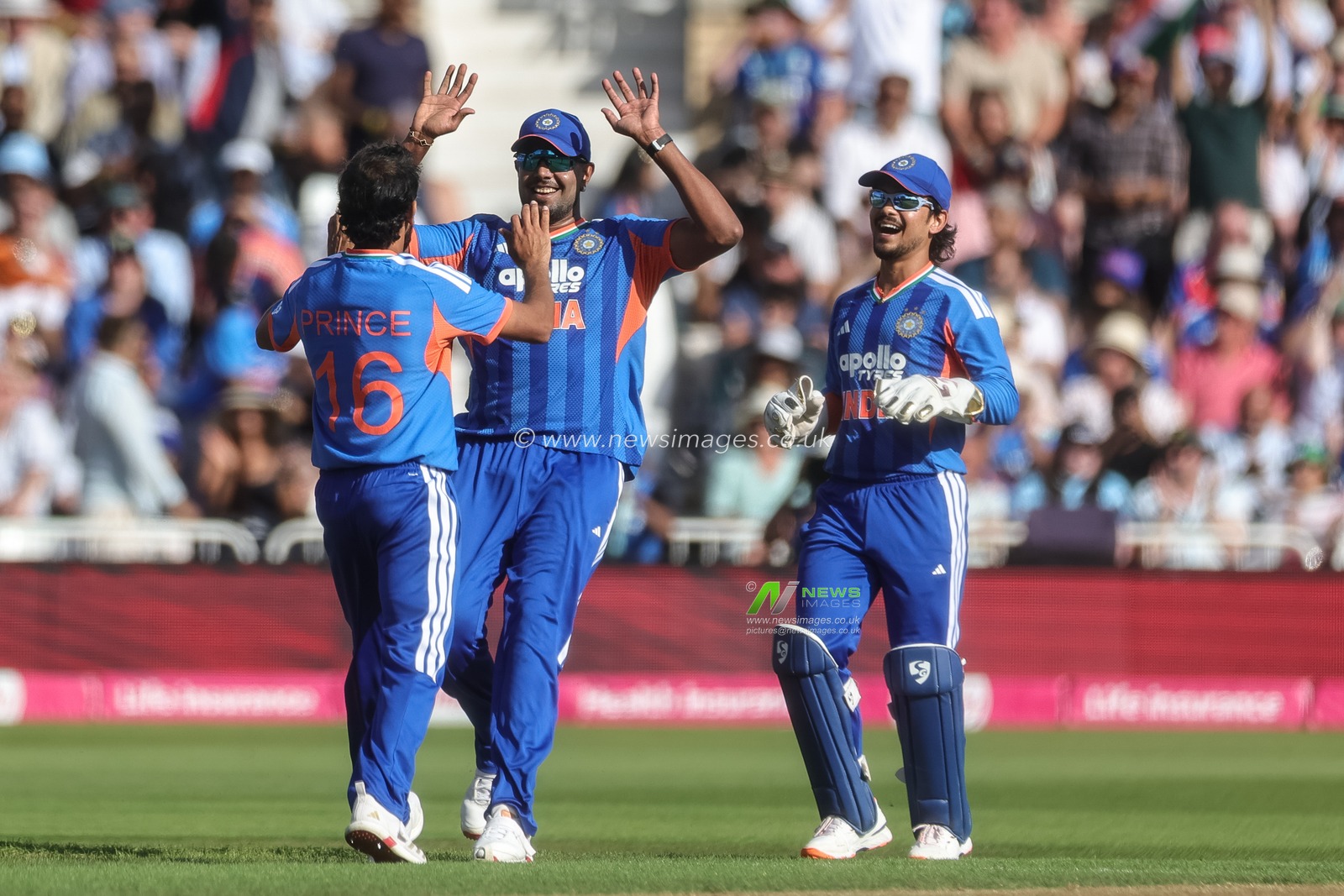 Prince Yadav of India celebrates the wicket of  Jos Buttler of England with teammates during the Third Vitality T20 International match England vs India at Trent Bridge, Nottingham, United Kingdom on 07 July 2026

(Photo by Mark Cosgrove/News Images)