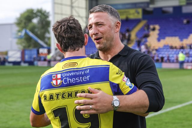 Sam Burgess Head Coach of Warrington Wolves embraces Stefan Ratchford of Warrington Wolves on his last ever home game as he announces his retirement during the Betfred Super League Round 25 match Warrington Wolves vs Leigh Leopards at Halliwell Jones Stadium, Warrington, United Kingdom, 6th September 2025

(Photo by Mark Cosgrove/News Images)