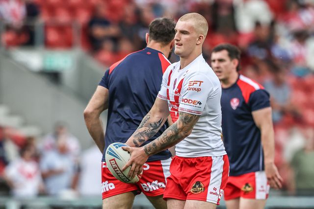 George Delaney of St. Helens during pre-game warm up during the Betfred Super League round 19 match St Helens vs Leigh Leopards at Totally Wicked Stadium, St Helens, United Kingdom, 17th July 2025

(Photo by Alfie Cosgrove/News Images)