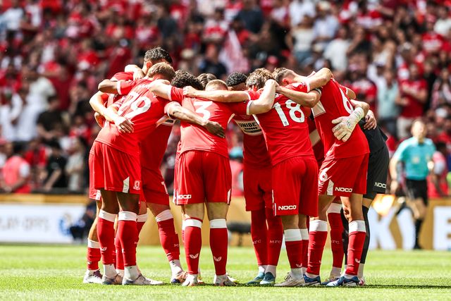Middlesbrough have a team huddle during the Sky Bet Championship Playoffs Final match Hull City vs Middlesbrough at Wembley Stadium, London, United Kingdom on 23 May 2026

(Photo by Alfie Cosgrove/News Images)