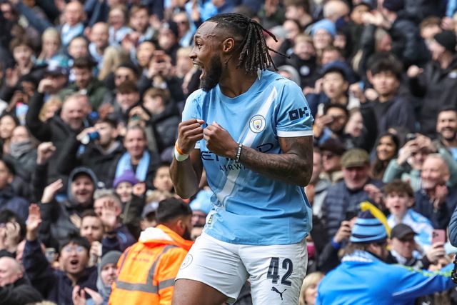 Antonie Semenyo of Manchester City celebrates his goal to make it 3-0 during the Emirates FA Cup Quarter-Final match Manchester City vs Liverpool at Etihad Stadium, Manchester, United Kingdom on 04 April 2026

(Photo by Mark Cosgrove/News Images)