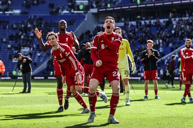 Andrew Robertson of Liverpool celebrates the win during the Premier League match Everton vs Liverpool at Hill Dickinson Stadium, Liverpool, United Kingdom on 19 April 2026

(Photo by Alfie Cosgrove/News Images)