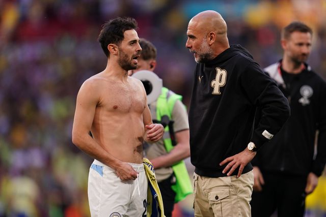 Bernardo Silva of Manchester City and Josep Guardiola manager of Manchester City at full time during the Emirates FA Cup Semi-Final match Manchester City vs Southampton at Wembley Stadium, London, United Kingdom on 25 April 2026

(Photo by Harvey Murphy/News Images)