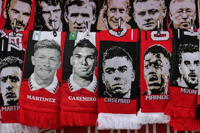 Manchester United scarfs on sale during the Premier League match Manchester United vs Liverpool at Old Trafford, Manchester, United Kingdom on 03 May 2026

(Photo by Mark Cosgrove/News Images)