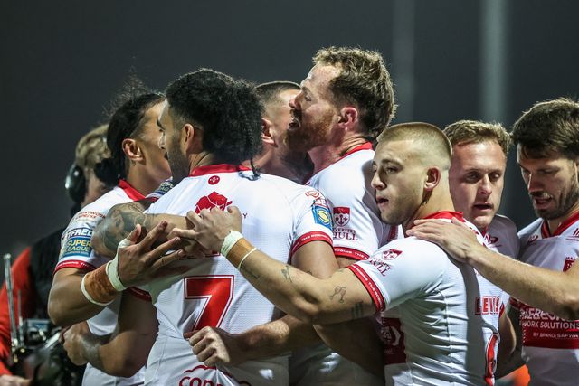 Joe Burgess of Hull KR celebrates his try making it 4-0 during the Betfred Super League round 6 match Hull KR vs St Helens at Sewell Group Craven Park, Hull, United Kingdom on 27 March 2026

(Photo by Alfie Cosgrove/News Images)