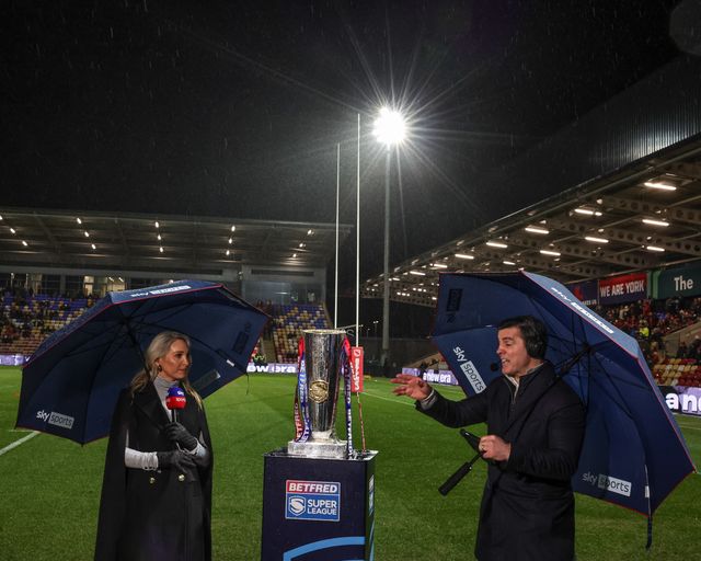 Jenna Brooks and Brian Carney of Sky Sports Rugby League during a live broadcast at the Betfred Super League Round 1 match York Knights vs Hull KR at LNER Community Stadium, Lincoln, United Kingdom on 12 February 2026

(Photo by Mark Cosgrove/News Images)