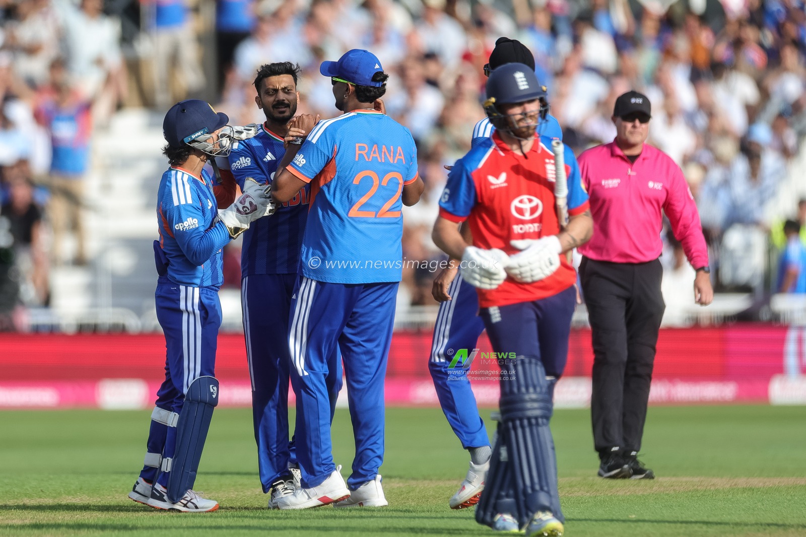 Axar Patel of India celebrates the wicket of Phil Salt of England during the Third Vitality T20 International match England vs India at Trent Bridge, Nottingham, United Kingdom on 07 July 2026

(Photo by Mark Cosgrove/News Images)