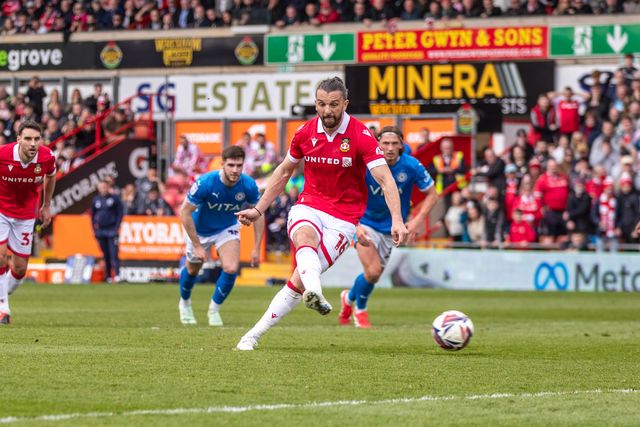 Wrexham's Jay Rodriguez fails to convert his penalty but scores the rebound during the Sky Bet League 1 match Wrexham vs Stockport County at SToK Cae Ras, Wrexham, United Kingdom, 22nd March 2025

(Photo by Nik Mesney/News Images)