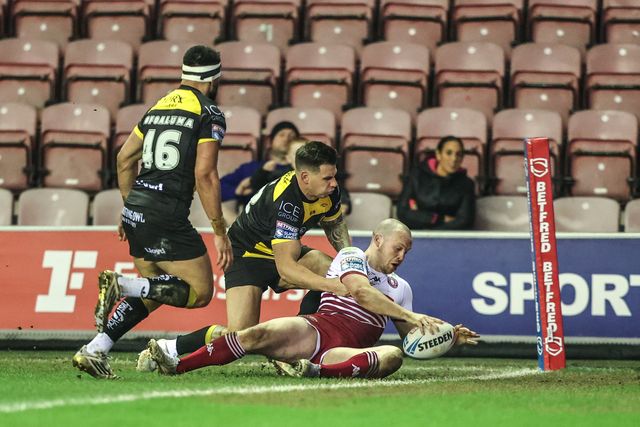 Liam Marshall of Wigan Warriors goes over for a try during the Betfred Super League round 5 match Wigan Warriors vs York Knights at The Brick Community Stadium, Wigan, United Kingdom on 19 March 2026

(Photo by Alfie Cosgrove/News Images)