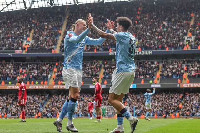 Erling Haaland of Manchester City celebrates his hat-trick as he makes it 4-0 during the Emirates FA Cup Quarter-Final match Manchester City vs Liverpool at Etihad Stadium, Manchester, United Kingdom on 04 April 2026

(Photo by Mark Cosgrove/News Images)