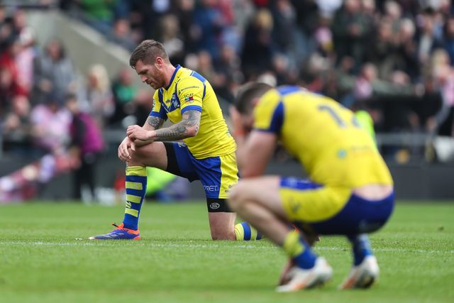 A dejected Marc Sneyd of Warrington Wolves reacts to his team's loss after the Betfred Super League Round 8 match Leigh Leopards vs Warrington Wolves at Leigh Sports Village, Leigh, United Kingdom, 19th April 2025

(Photo by Gareth Evans/News Images)