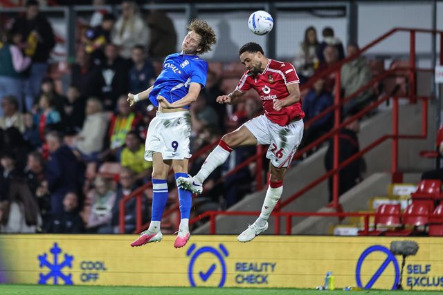 August Priske of Birmingham City jumps up to win the high ball from Zak Vyner of Wrexham during the Sky Bet Championship match Wrexham vs Birmingham City at The Racecourse Ground, Wrexham, United Kingdom on 28 August 2026

(Photo by Mark Cosgrove/News Images)