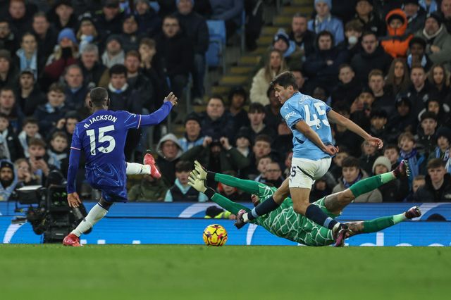 Ederson of Manchester City saves a shot from Nicolas Jackson of Chelsea during the Premier League match Manchester City vs Chelsea at Etihad Stadium, Manchester, United Kingdom, 25th January 2025

(Photo by Mark Cosgrove/News Images)