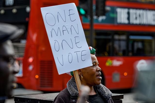 UK-based Zimbabweans gather outside the Zimbabwe Embassy in London on 18 April 2026 to protest the Constitution of Zimbabwe Amendment (No. 3) Bill, which critics say would extend President Mnangagwa’s rule until 2030 and strip citizens of the direct vote for president.

(Photo by Maynard Manyowa/News Images)