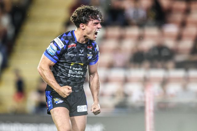 Brodie Croft of Leeds Rhinos celebrates as he goes over for a try in the final minutes of the game during the Betfred Super League round 21 match Leigh Leopards vs Leeds Rhinos at Leigh Sports Village, Leigh, United Kingdom, 7th August 2025

(Photo by Alfie Cosgrove/News Images)