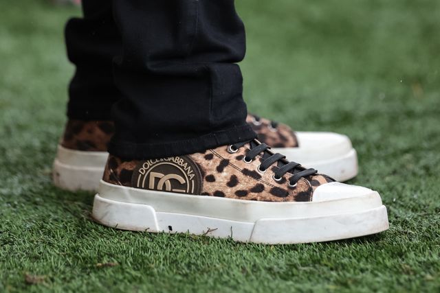 The Dolce & Gabbana's Leopard Print Low-Top Trainers of Derek Beaumont the owner of Leigh Leopards during the Betfred Super League round 11 match Leigh Leopards vs Hull KR at Leigh Sports Village, Leigh, United Kingdom on 16 May 2026

(Photo by Mark Cosgrove/News Images)
