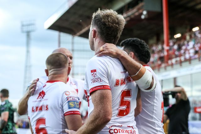 Joe Burgess of Hull KR celebrates his try during the Betfred Super League round 15 match Hull KR vs Leigh Leopards at Sewell Group Craven Park, Hull, United Kingdom on 19 June 2026

(Photo by Alfie Cosgrove/News Images)