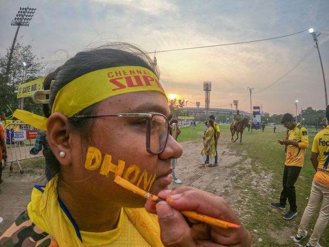 Indian Cricketer MS Dhoni have their faces painted outside the  Eden Gardens Cricket Siadum prior to the 2025 IPL match between Kolkata Knight Riders and Chennai Super Kings (CSK) in Kolkata,India on May 7,2025.Photo by Debajyoti Chakraborty.(Photo: Debajyoti Chakraborty/News Images)