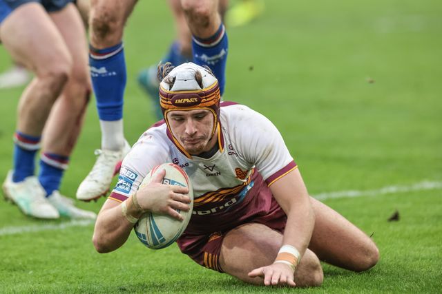 George Flanagan Jnr of Huddersfield Giants goes over for a try during the Betfred Super League Round 2 match Huddersfield Giants vs Wakefield Trinity at Accu Stadium, Huddersfield, United Kingdom on 22 February 2026

(Photo by Mark Cosgrove/News Images)