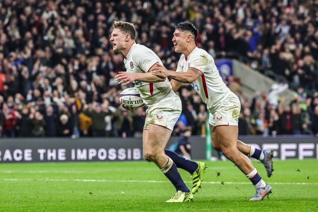 Fraser Dingwall of England celebrates his try during the Quilter Nations Series 2025 match England vs New Zealand at Allianz Stadium, Twickenham, United Kingdom, 15th November 2025

(Photo by Mark Cosgrove/News Images)

*** GER AUT SUI OUT ***