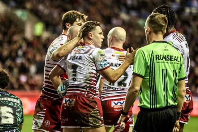 Jai Field of Wigan Warriors celebrates his try during the Betfred Super League match Wigan Warriors vs Leigh Leopards at The Brick Community Stadium, Wigan, United Kingdom on 26 February 2026

(Photo by Alfie Cosgrove/News Images)