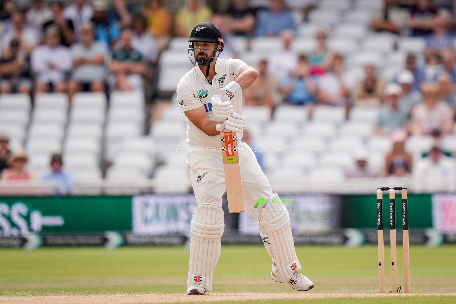 Daryl Mitchell of New Zealand plays a defensive shot during the 3rd Rothesay Test Match Day 4 match England vs New Zealand at Trent Bridge, Nottingham, United Kingdom on 28 June 2026

(Photo by Maynard Manyowa/News Images)
