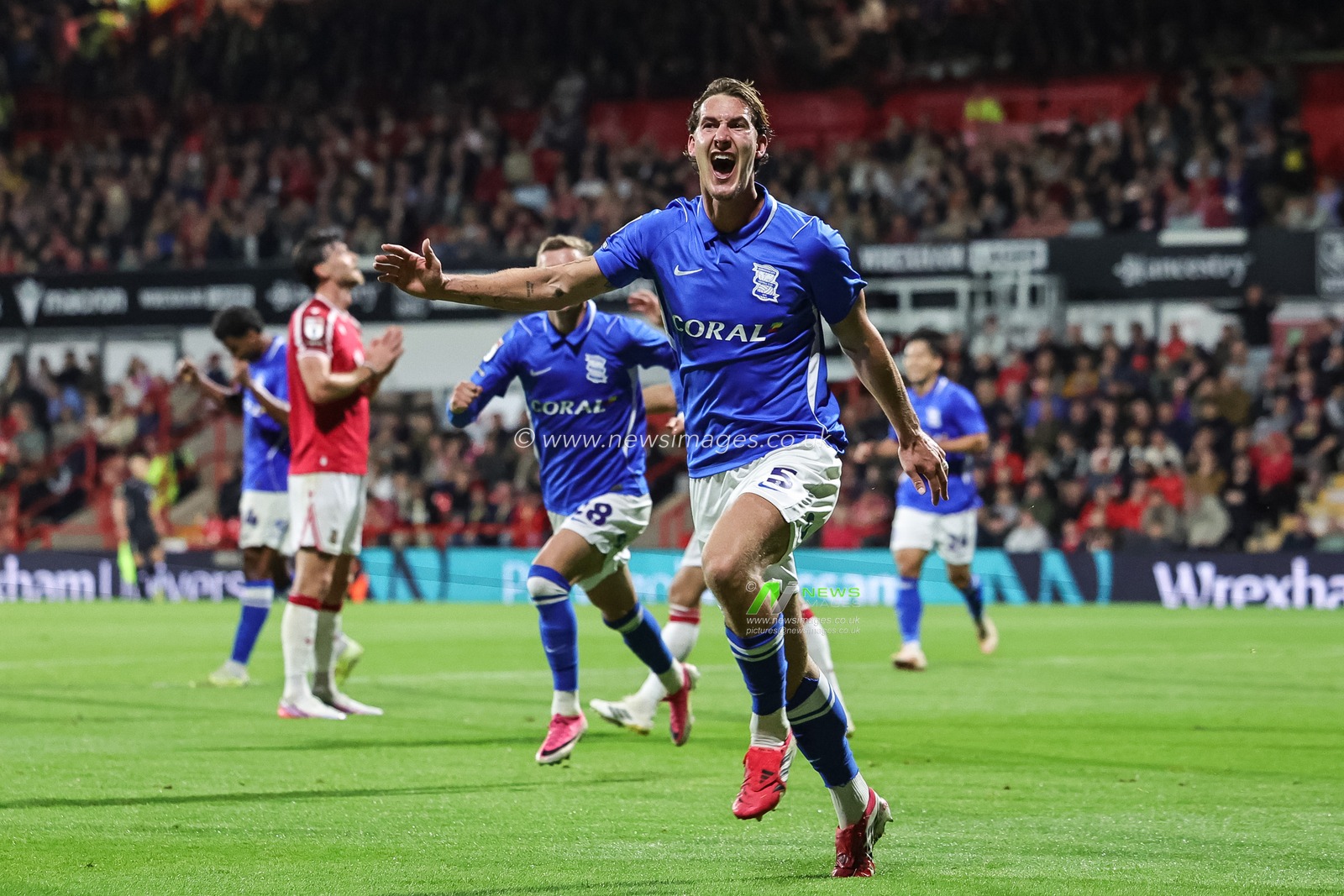 Phil Neumann of Birmingham City celebrates his goal to make it 1-2 during the Sky Bet Championship match Wrexham vs Birmingham City at The Racecourse Ground, Wrexham, United Kingdom on 28 August 2026

(Photo by Mark Cosgrove/News Images)