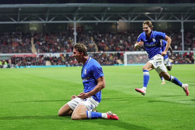 Phil Neumann of Birmingham City celebrates his goal to make it 1-2 during the Sky Bet Championship match Wrexham vs Birmingham City at The Racecourse Ground, Wrexham, United Kingdom on 28 August 2026

(Photo by Mark Cosgrove/News Images)