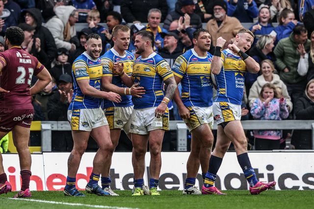 Ryan Hall of Leeds Rhinos celebrates his try during the Betfred Super League Round 8 match Leeds Rhinos vs Huddersfield Giants at Headingley Stadium, Leeds, United Kingdom, 18th April 2025

(Photo by Alfie Cosgrove/News Images)