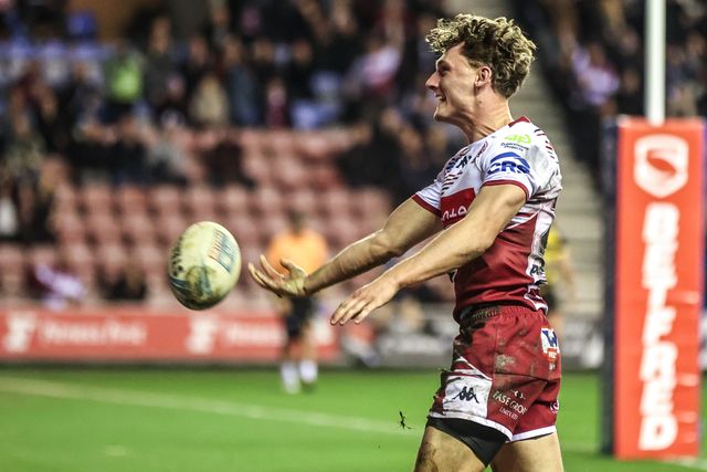 Noah Hodkinson of Wigan Warriors celebrates his try during the Betfred Super League round 5 match Wigan Warriors vs York Knights at The Brick Community Stadium, Wigan, United Kingdom on 19 March 2026

(Photo by Alfie Cosgrove/News Images)