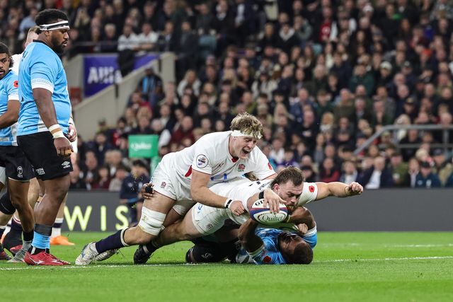 Luke Cowan-Dickie of England goes over for a try during the Quilter Nations Series 2025 match England vs Fiji at Allianz Stadium, Twickenham, United Kingdom, 8th November 2025

(Photo by Mark Cosgrove/News Images)

*** GER AUT SUI OUT ***