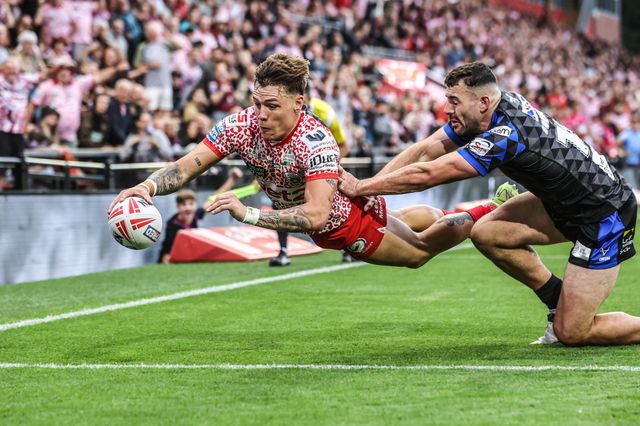 Keanan Brand of Leigh Leopards goes over for a try during the Betfred Super League round 21 match Leigh Leopards vs Leeds Rhinos at Leigh Sports Village, Leigh, United Kingdom, 7th August 2025

(Photo by Alfie Cosgrove/News Images)