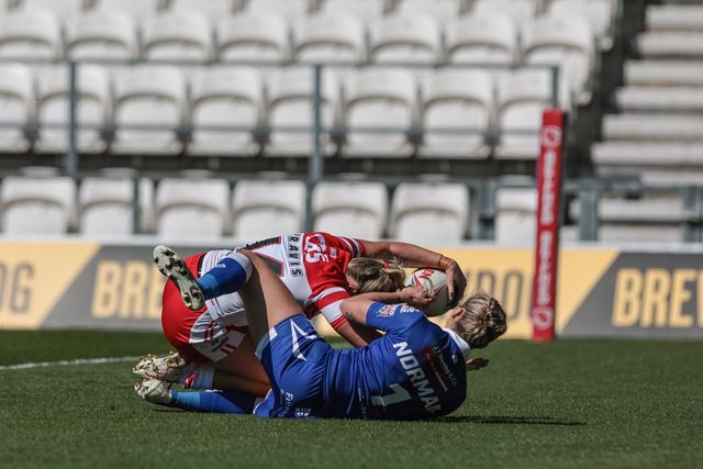 Paige Travis of St Helen’s goes over for a try during the Betfred Women's Challenge Cup Quarter Final match St Helens vs Barrow Raiders at The BrewDog Stadium, St Helens, United Kingdom on 25 April 2026

(Photo by Mark Cosgrove/News Images)