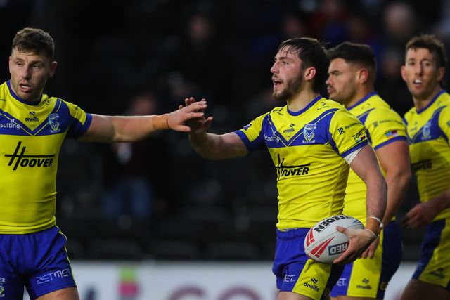 Adam Holroyd of Warrington Wolves celebrates his try to make it 6-4 during the Betfred Challenge Cup match Widnes Vikings vs Warrington Wolves at DCBL Stadium, Widnes, United Kingdom, 15th March 2025

(Photo by Gareth Evans/News Images)