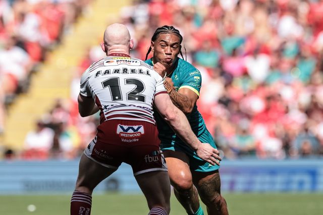 Tom Amone of Hull KR is tackled by Liam Farrell of Wigan Warriors during the Betfred Challenge Cup Final match Wigan Warriors vs Hull KR at Wembley Stadium, London, United Kingdom on 30 May 2026

(Photo by Mark Cosgrove/News Images)