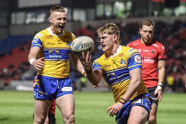 James McDonnell of Leeds Rhinos celebrates his try during the Betfred Super League match Salford Red Devils vs Leeds Rhinos at Salford Community Stadium, Eccles, United Kingdom, 10th April 2025

(Photo by Alfie Cosgrove/News Images)