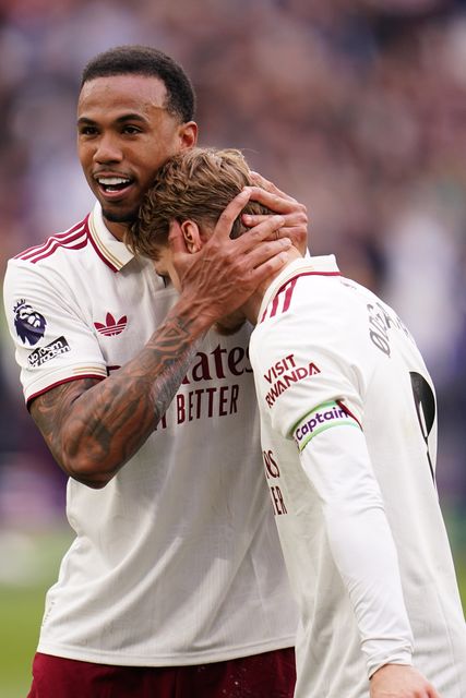 Gabriel of Arsenal and Martin Ødegaard of Arsenal at full time during the Premier League match West Ham United vs Arsenal at London Stadium, London, United Kingdom on 10 May 2026

(Photo by Harvey Murphy/News Images)