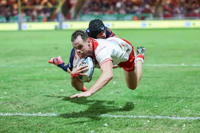 Joe Burgess of Hull KR goes over for a try during the Betfred Super League Round 24 match Hull KR vs St Helens at Sewell Group Craven Park, Kingston upon Hull, United Kingdom, 29th August 2025

(Photo by Mark Cosgrove/News Images)