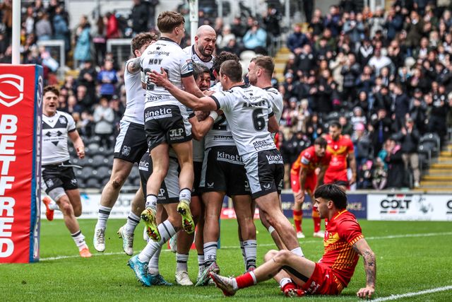 Arthur Romano of Hull FC celebrates his try during the Betfred Super League round 6 match Hull FC vs Catalans Dragons at MKM Stadium, Hull, United Kingdom on 29 March 2026

(Photo by Alfie Cosgrove/News Images)
