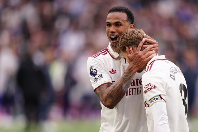 Gabriel of Arsenal and Martin Ødegaard of Arsenal at full time during the Premier League match West Ham United vs Arsenal at London Stadium, London, United Kingdom on 10 May 2026

(Photo by Harvey Murphy/News Images)