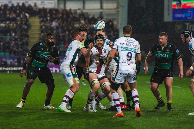 Harry Wells passes the ball to Jack Van Poortvliet to end the first half during the Gallagher Premiership match Northampton Saints vs Leicester Tigers at Cinch Stadium at Franklin's Gardens, Northampton, United Kingdom, 21st March 2025

(Photo by Craig Evans/News Images)