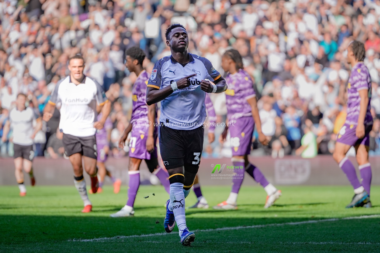 Jaydon Banel of Derby County celebrates his goal to make it  1-0 during the Sky Bet Championship match Derby County vs Stoke City at Pride Park Stadium, Derby, United Kingdom on 06 April 2026

(Photo by Maynard Manyowa/News Images)