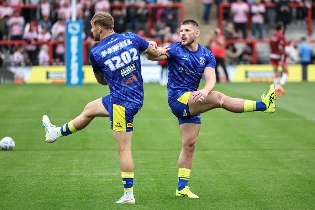 Sam Powell of Warrington Wolves and Danny Walker of Warrington Wolves in the pre-game warm up during the Betfred Super League Round 20 Leigh Leopards vs Warrington Wolves at Leigh Sports Village, Leigh, United Kingdom, 1st August 2025

(Photo by Mark Cosgrove/News Images)