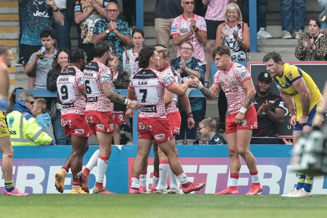 Keanan Brand of Leigh Leopards celebrates his try during the Betfred Super League Round 25 match Warrington Wolves vs Leigh Leopards at Halliwell Jones Stadium, Warrington, United Kingdom, 6th September 2025

(Photo by Mark Cosgrove/News Images)