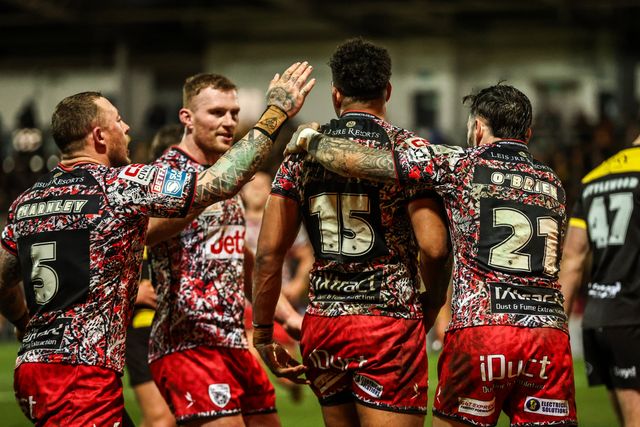Jacob Alick-Wiencke of Leigh Leopards celebrates his try during the Betfred Super League round 8 match York Knights vs Leigh Leopards at LNER Community Stadium, York, United Kingdom on 17 April 2026

(Photo by Alfie Cosgrove/News Images)