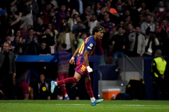 Lamine Yamal of FC Barcelona celebrate his goal during the UEFA Champions League Quarter Finals match Atletico Madrid vs Barcelona at Riyadh Air Metropolitano, Madrid, Spain on 14 April 2026

(Photo by Samuel Carreno/News Images)