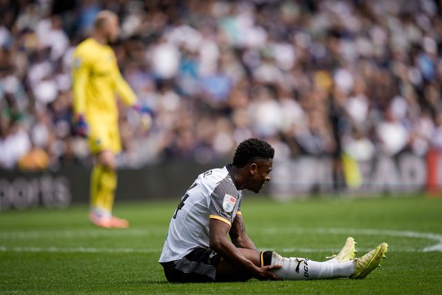 Jaydon Banel of Derby County goes down injured, receives treatment after an injury and is substituted off during the Sky Bet Championship match Derby County vs Sheffield United at Pride Park Stadium, Derby, United Kingdom on 02 May 2026

(Photo by Maynard Manyowa/News Images)