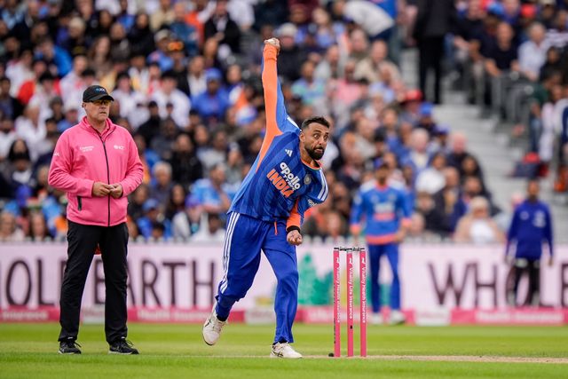 Varun Chakravarthy of India traps Will Jacks of England LBW during the Second Vitality T20 International match England vs India at Old Trafford, Manchester, United Kingdom on 04 July 2026

(Photo by Maynard Manyowa/News Images)
