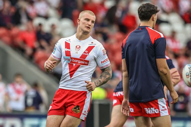 George Delaney of St. Helens during pre-game warm up during the Betfred Super League round 19 match St Helens vs Leigh Leopards at Totally Wicked Stadium, St Helens, United Kingdom, 17th July 2025

(Photo by Alfie Cosgrove/News Images)